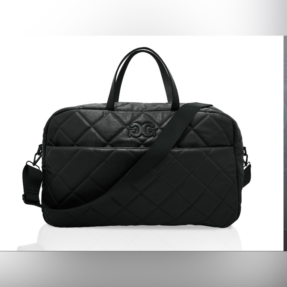 Large black crossbody travel tote w/ detachable strap quilted vegan leather bag